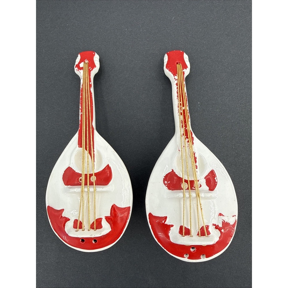 Vintage Japan Mandolin Salt & Pepper Shakers Pair Red White Musical‎ Instrument